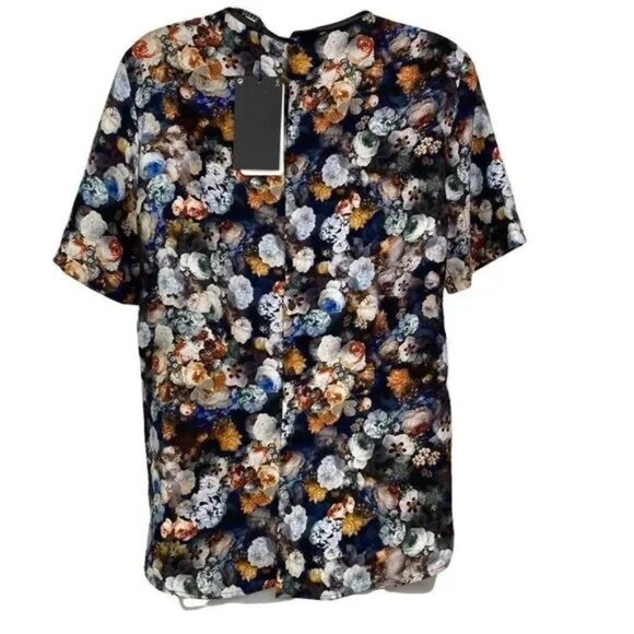 NWT ZARA‎ WOMAN BLACK FLORAL FAUX LEATHER TRIM BUTTON BACK BLOUSE LARGE - Picture 4 of 7